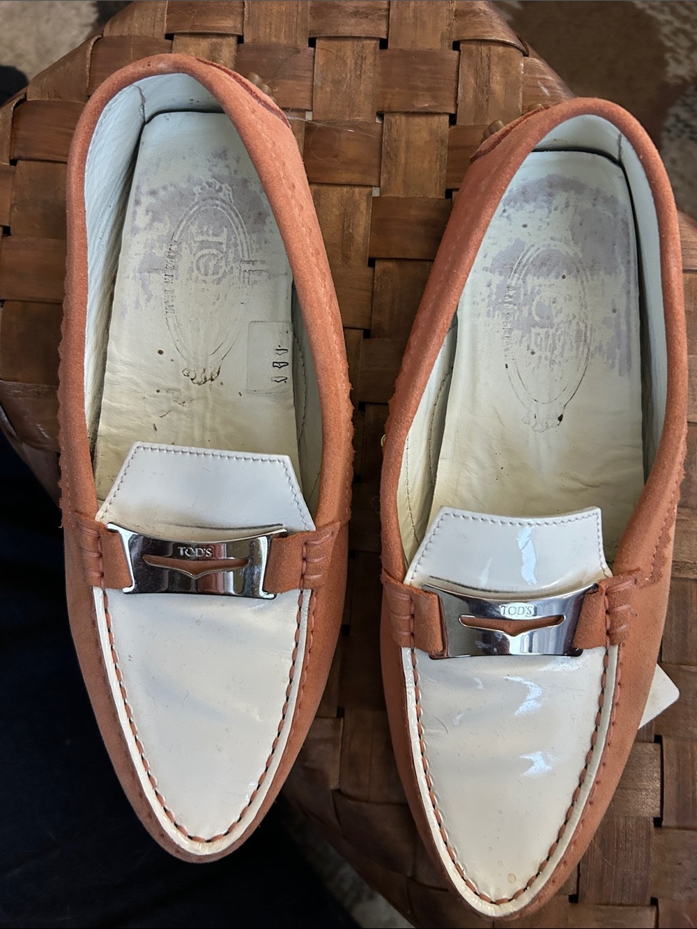 Tod's Two-Tone Rust Suede and White Patent Leather Driver Loafers